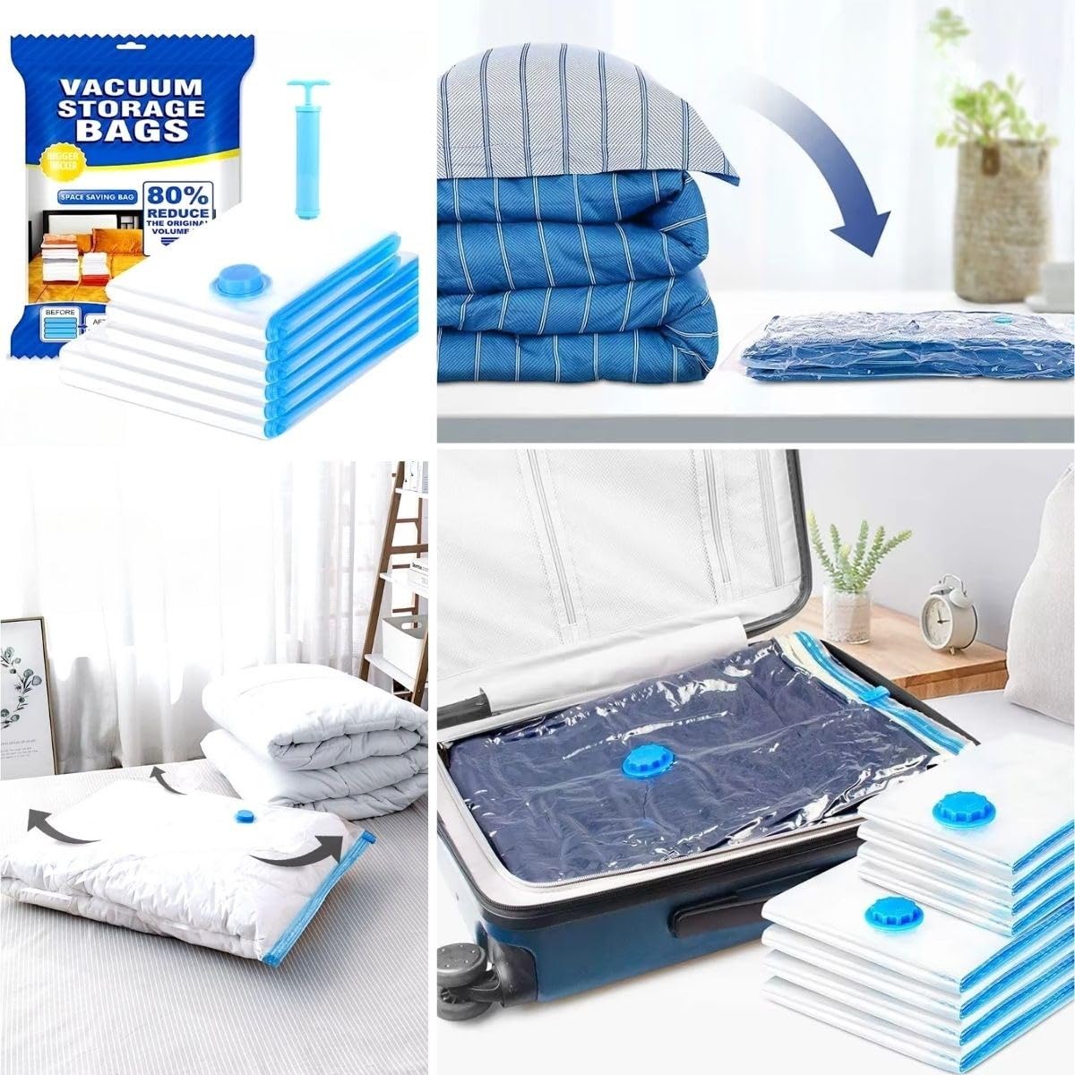 GüncelÇarşı 5'li Paket 3 Boy Vakumlu Hurç Giysi Yastık Yorgan Yazlık Kışlık İçin Vakumlu Saklama Torbaları, 2 ADET 70x50cm - 2 ADET 80x60cm - 1 ADET 100x80cm + El Pompası Hediye