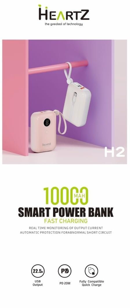 HEARTZ H2 10000 mah power bank PD 20W ve USB 22.5W FAST HIZLI ŞARJ DAHİLİ TYPE C VE LİGHTNİNG KABLOLU DÜNYA STANDARTLARINA UYGUN POLYMER BATARYA BİREBİR AMPER LCD GÖSTERGELİ POWERBANK (BEYAZ)