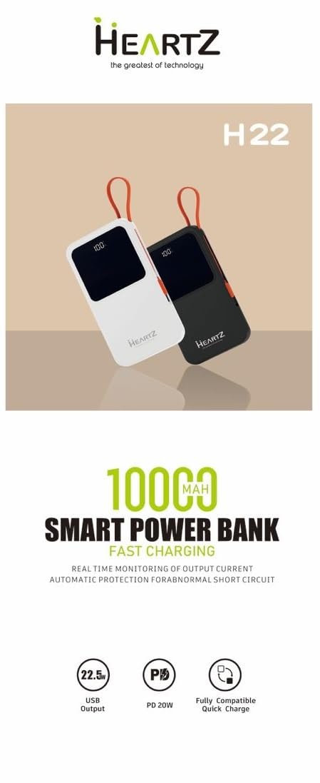 HEARTZ H22 10000 mah power bank PD 20W ve USB 22.5W FAST HIZLI ŞARJ DAHİLİ TYPE C VE LİGHTNİNG KABLOLU DÜNYA STANDARTLARINA UYGUN POLYMER BATARYA BİREBİR AMPER LCD GÖSTERGELİ POWERBANK