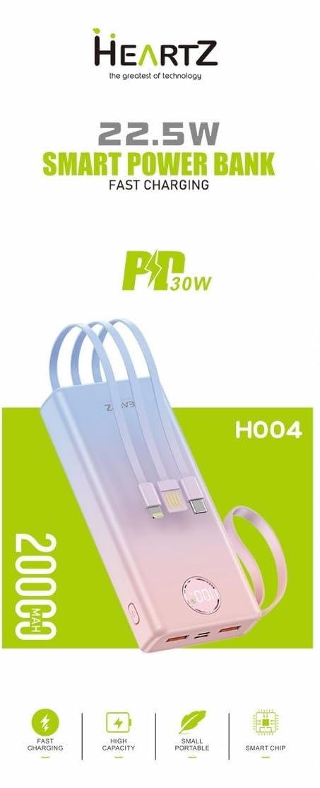 HEARTZ H004 20000 mah power bank PD 30W ve USB 22.5W FAST HIZLI ŞARJ DAHİLİ TYPE C VE LİGHTNİNG KABLOLU DÜNYA STANDARTLARINA UYGUN POLYMER BATARYA BİREBİR AMPER LCD GÖSTERGELİ POWERBANK