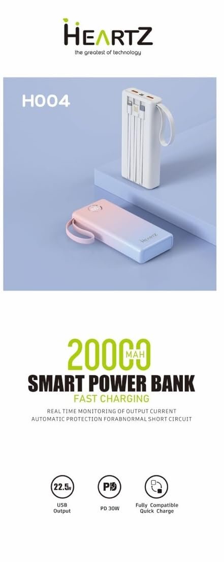 HEARTZ H004 20000 mah power bank PD 30W ve USB 22.5W FAST HIZLI ŞARJ DAHİLİ TYPE C VE LİGHTNİNG KABLOLU DÜNYA STANDARTLARINA UYGUN POLYMER BATARYA BİREBİR AMPER LCD GÖSTERGELİ POWERBANK