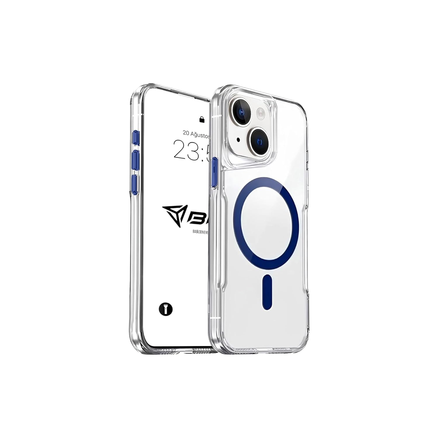 Babilden iPhone ile Uyumlu Şeffaf Sert Mika Sararmaz Renkli Magsafe Kılıf (Lacivert, iPhone 15)