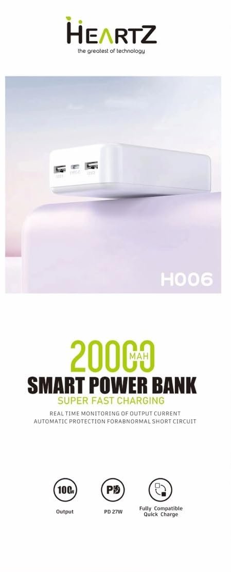 HEARTZ H006 20000 mah power bank PD 27W ve USB 100W FAST HIZLI ŞARJ DAHİLİ TYPE C VE LİGHTNİNG KABLOLU DÜNYA STANDARTLARINA UYGUN POLYMER BATARYA BİREBİR AMPER LCD GÖSTERGELİ POWERBANK