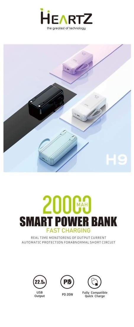 HEARTZ H9 20000 mah power bank PD 20W ve USB 22.5W FAST HIZLI ŞARJ DAHİLİ TYPE C VE LİGHTNİNG KABLOLU DÜNYA STANDARTLARINA UYGUN POLYMER BATARYA BİREBİR AMPER LCD GÖSTERGELİ POWERBANK