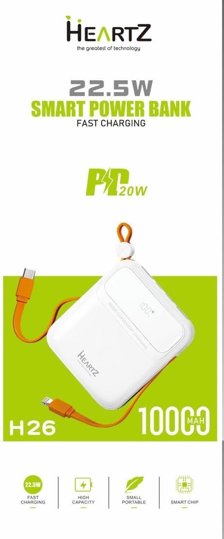 HEARTZ H26 10000 mah power bank PD 20W ve USB 22.5W FAST HIZLI ŞARJ DAHİLİ TYPE C VE LİGHTNİNG KABLOLU DÜNYA STANDARTLARINA UYGUN POLYMER BATARYA BİREBİR AMPER LCD GÖSTERGELİ POWERBANK