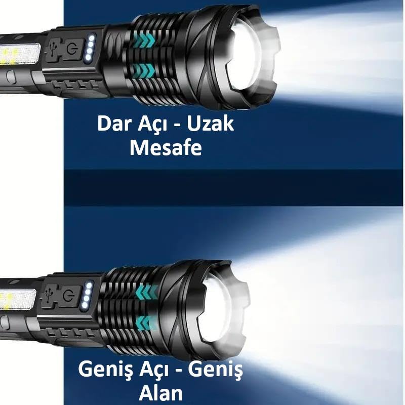 Valkyrie Şarjlı 7 Modlu Ultra Güçlü LED El Feneri Çakarlı Çok Fonksiyonlu Zoom 1500mAh
