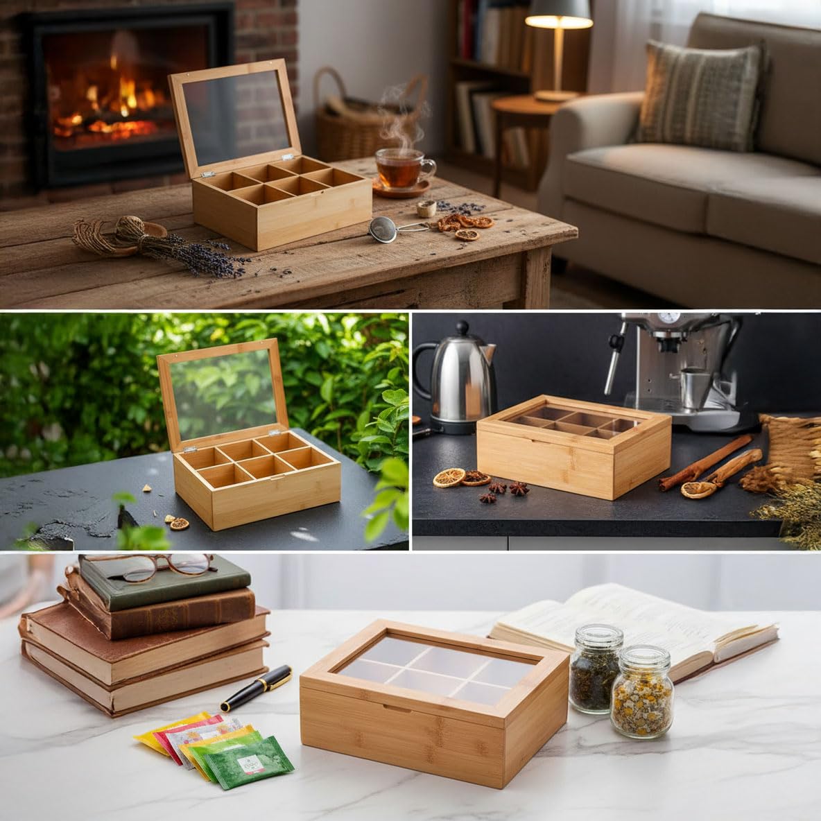Deconox Bambu 6 Bölmeli Çay Kutusu -%100 Orjinal Bambu Mıknatıslı Kapak 21x16,5 x7cm