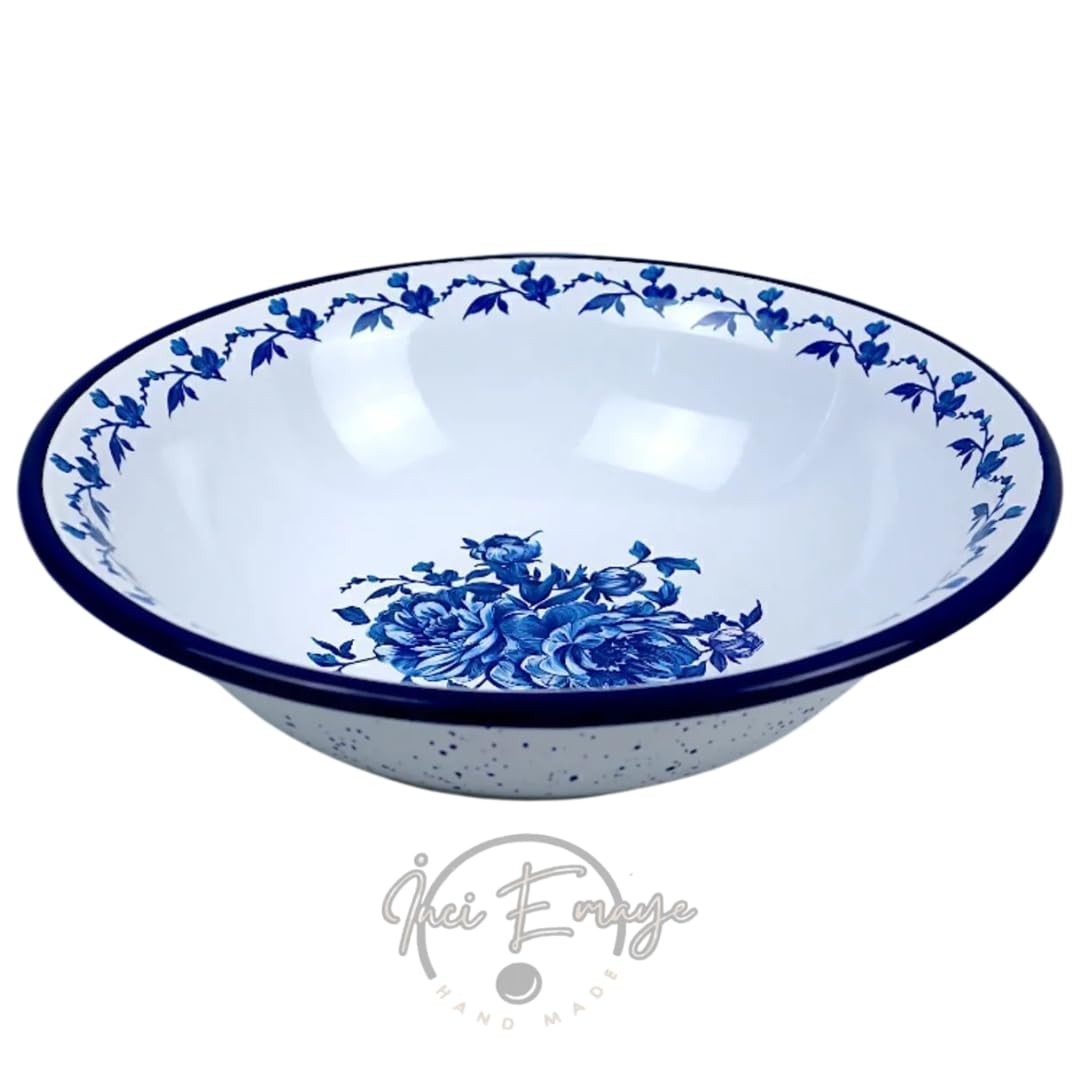 İnci Emaye Kase, Çukur Tabak, Çorba Kase, Salata Kasesi, Bowl 32cm (Lacivert Mavigül)