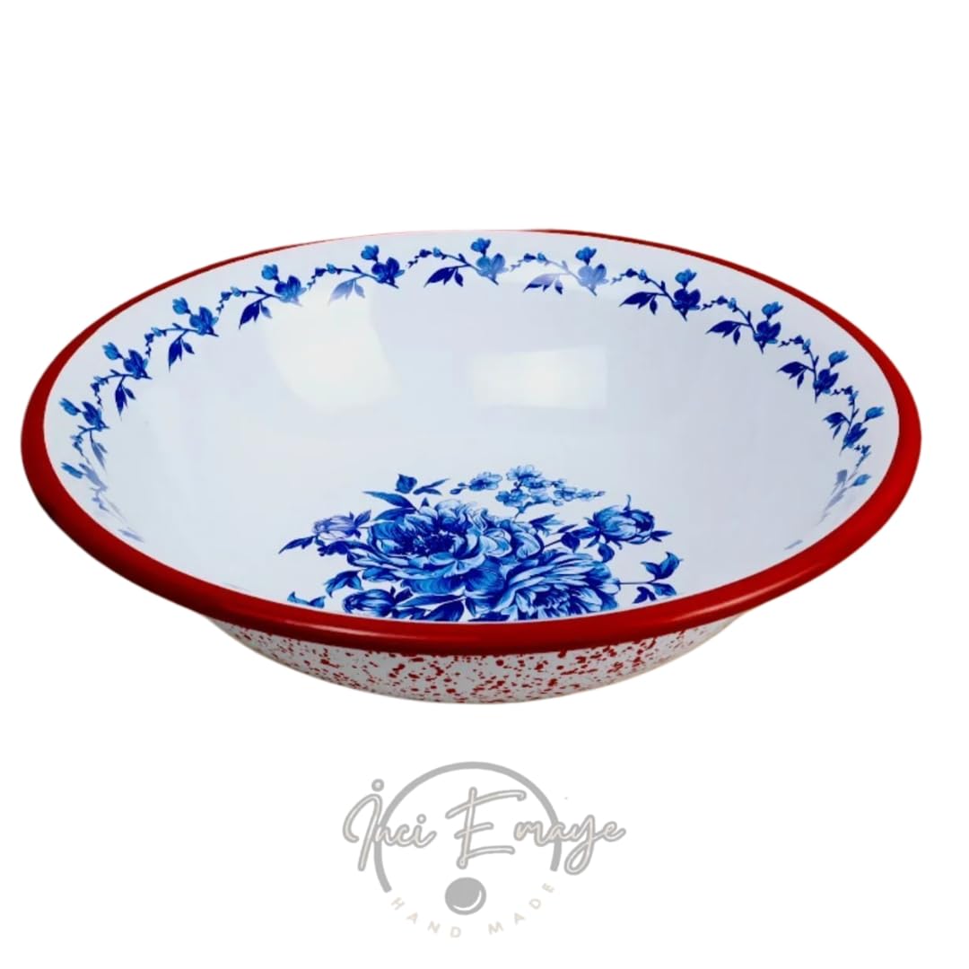 İnci Emaye Kase, Çukur Tabak, Çorba Kase, Salata Kasesi, Bowl 32cm (Kırmızı Mavi Gül)