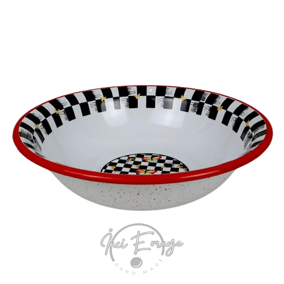 İnci Emaye Kase, Çukur Tabak, Çorba Kase, Salata Kasesi, Bowl 32cm (Kırmızı Dama)