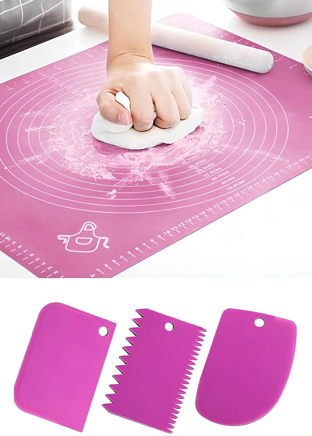 AEE® Hamur Açma Matı Ve 3'lü Hamur Kesici Kazıyıcı Şekillendirici Seti