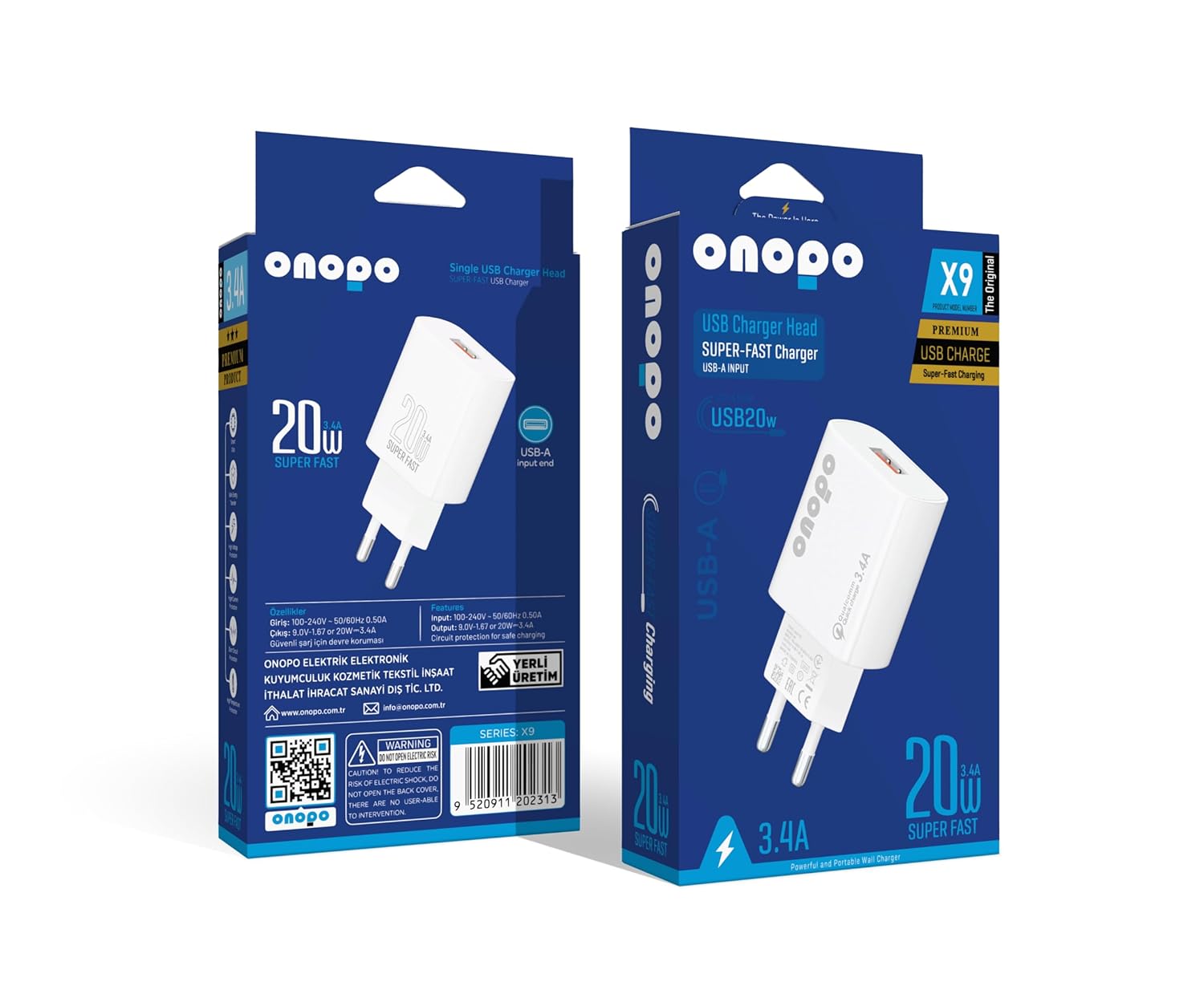 Onopo 3.4A USB Girişli Hızlı Şarj Adaptörü - X9 | Beyaz, 9V/1.67A ve 5V/3.4A Çıkışlı Şarj Başlığı