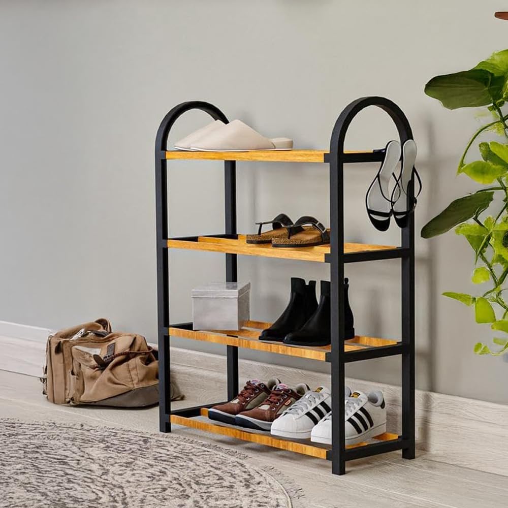 Deconox Midi Ahşap Çubuklu Ayakkabılık 4 Bölmeli Düzenleyici 8 Çift Ayakkabı Kapasiteli Raf Ünitesi