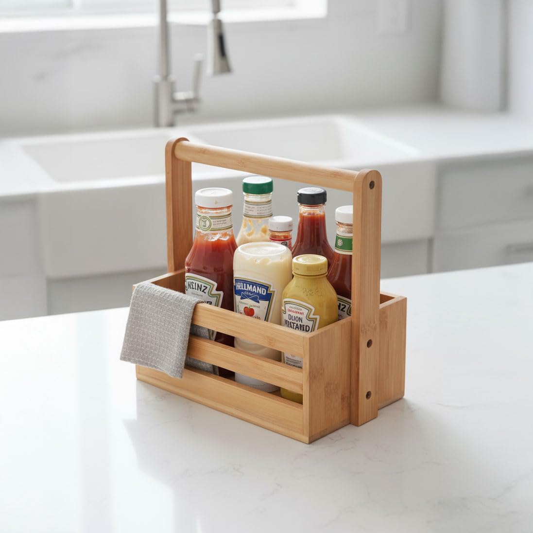 Deconox Bambu Masa Üstü Taşınabilir Sosluk ve Peçetelik, Bambu Tezgah Üstü Ketçap,-Mayonez ve Hardallık, Taşınabilir Sosluk (24 * 14.5 * 22cm)