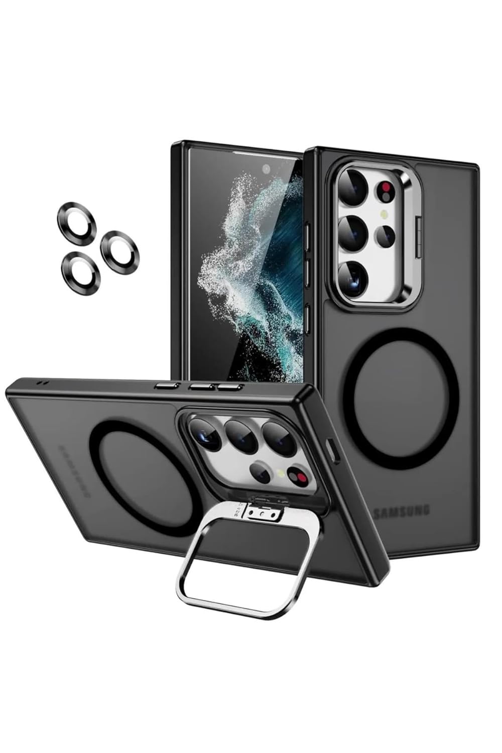 Babilden Samsung için Kılıf Kamera Korumalı Magsafe Wireless Şarj Özellikli Mat Şeffaf Renkli Standlı Kılıf (Lens Hediyeli) (Siyah, S23 Ultra)