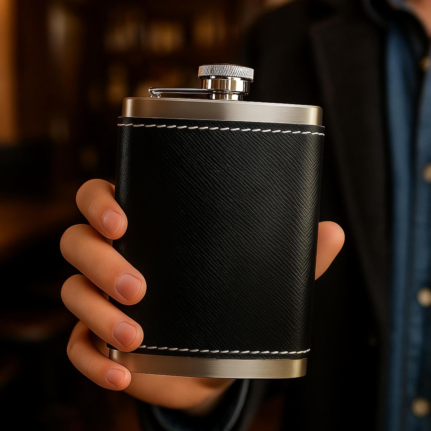 Perlotus 8 Oz 235 cc Hunili Siyah Hakiki Deri Kılıflı Çelik Viski İçki Matarası