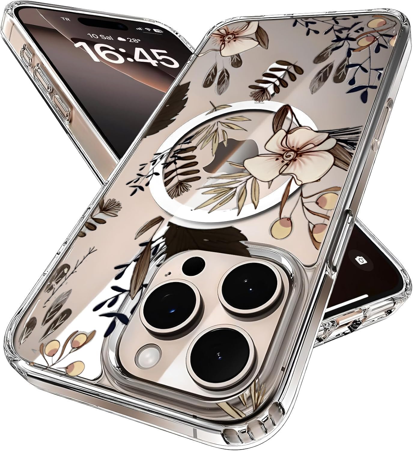 Minesk iPhone 15 Pro Max için Flower Serisi Magsafe ile Uyumlu Göz Alıcı ve Şık Tasarımlı Çiçek Desenli Silikon Kılıf Kapak (Brown, 15 Pro Max)