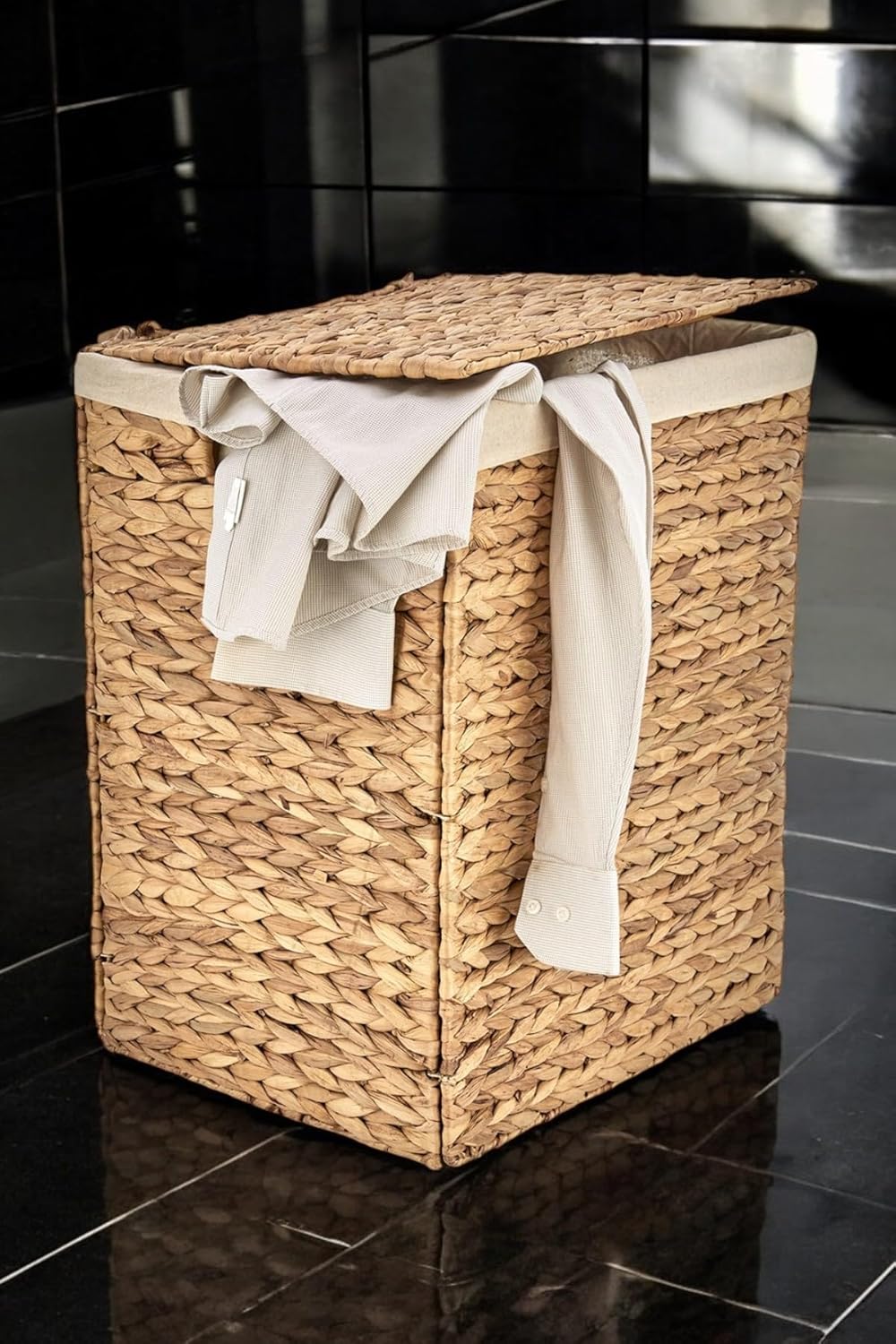 El Yapımı Doğal Hasır Katlanabilir Kirli Çamaşır Sepeti, Modern Çamaşır Sepeti, Katlananır Yer Kaplamayan Rattan Kirli Çamaşır Sepeti (44X34cmYükseklik 54cm)