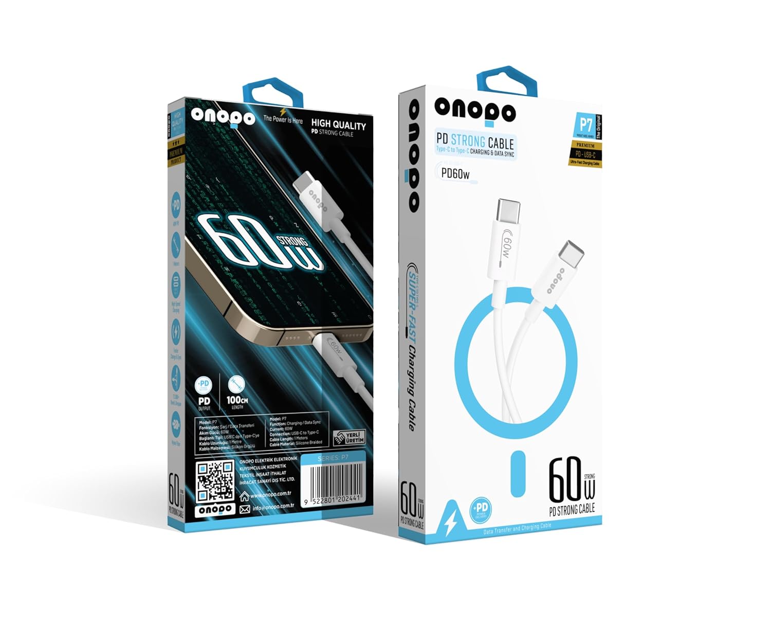 Onopo 60W PD Type-C to Type-C Hızlı Şarj ve Data Kablosu 1 Metre | Android Xiaomi Uyumlu | Silikon Örgülü | Model P7