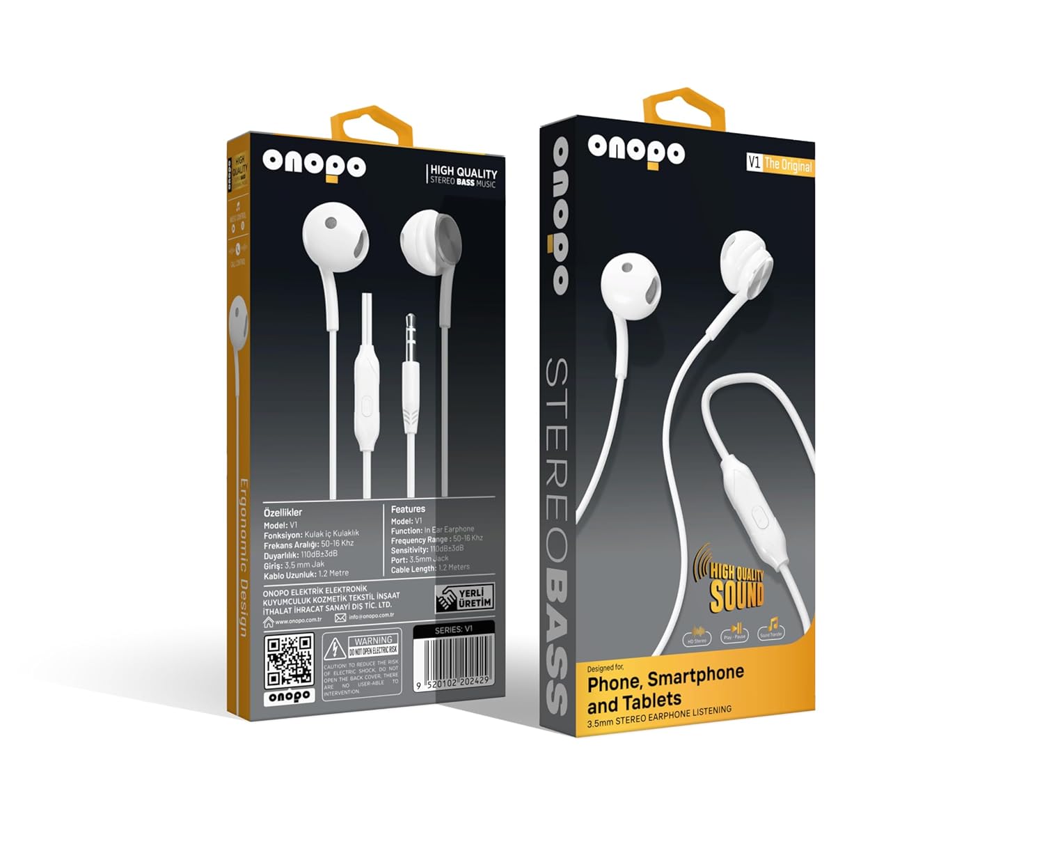 Onopo Stereo Kablolu Kulaklık Extra Bass | 3.5mm Kulakiçi Kulaklık, Dahili Mikrofon | 1.2m Kablo | Model V1