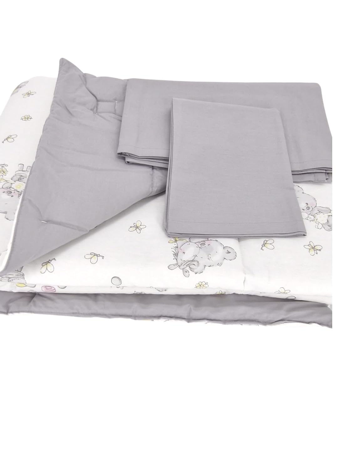 Bebek El Yapımı Koala Desenli Yorgan Çarşaf Ve Yastıklı Üçlü Set (Gri)