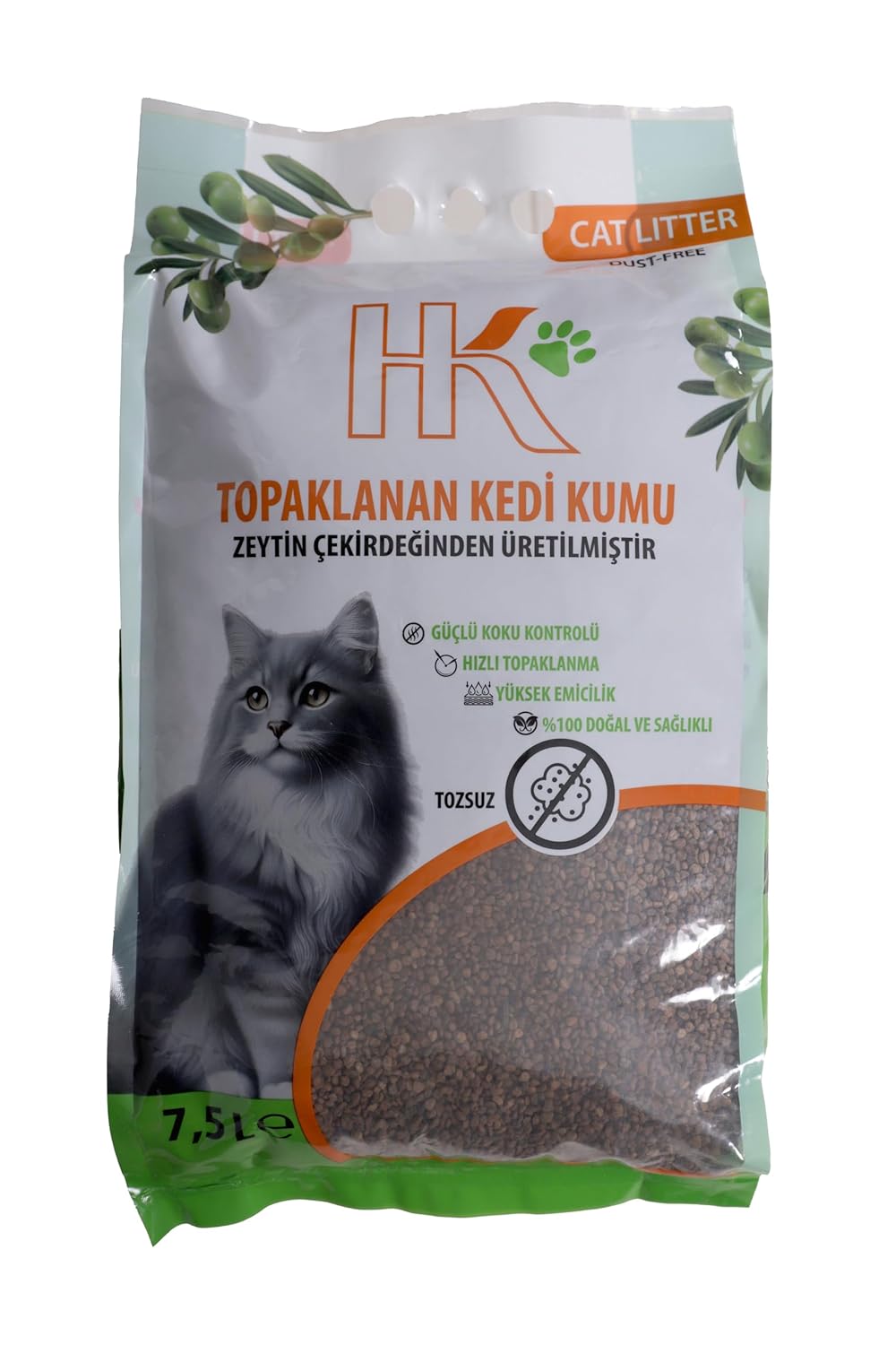 HK Cat Litter | Zeytin Çekirdeğinden Üretilen Aktif Karbonlu%100 Doğal Kedi Kumu 7.5L