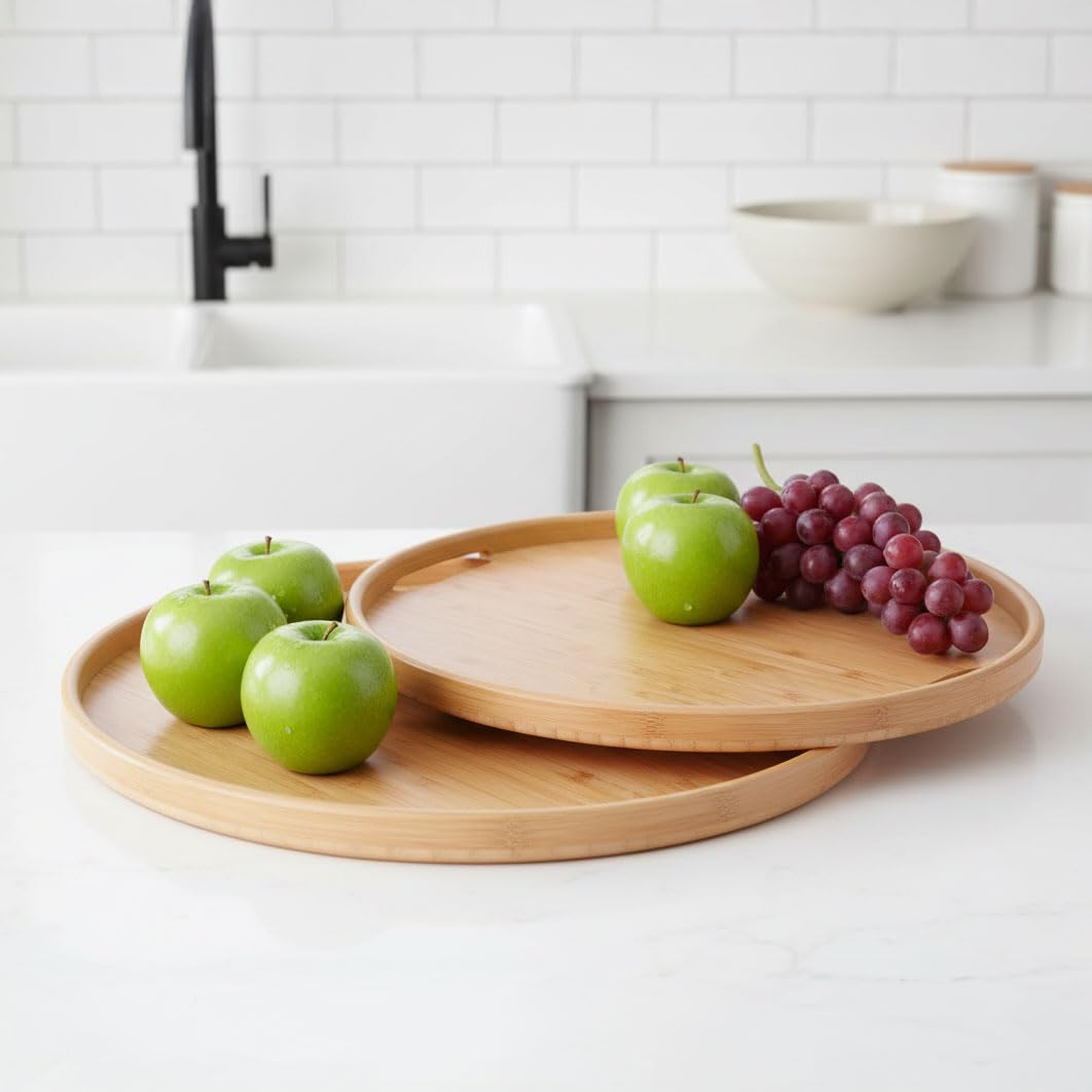 Deconox 2'li Bambu Tepsi Seti, İnce Tasarım Özel Üretim Yuvarlak 2'li Bambu Tepsi Seti (33 * 22 * 1cm-40 * 28 * 1cm)