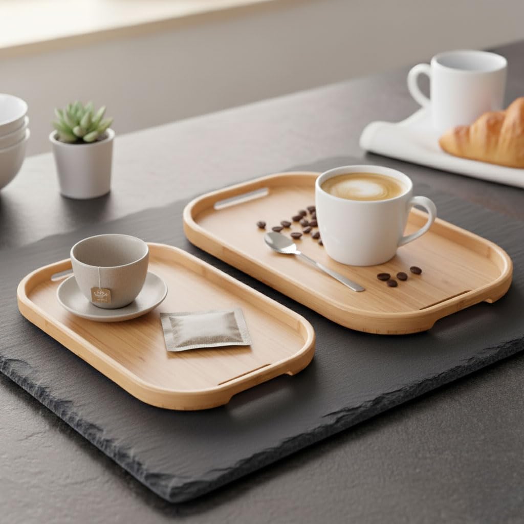 Deconox Dikdörtgen Bambu Servis Tepsisi, 2'li Set, 33x22 cm ve 40x28 cm | Dikdörtgen Bambu Tepsi