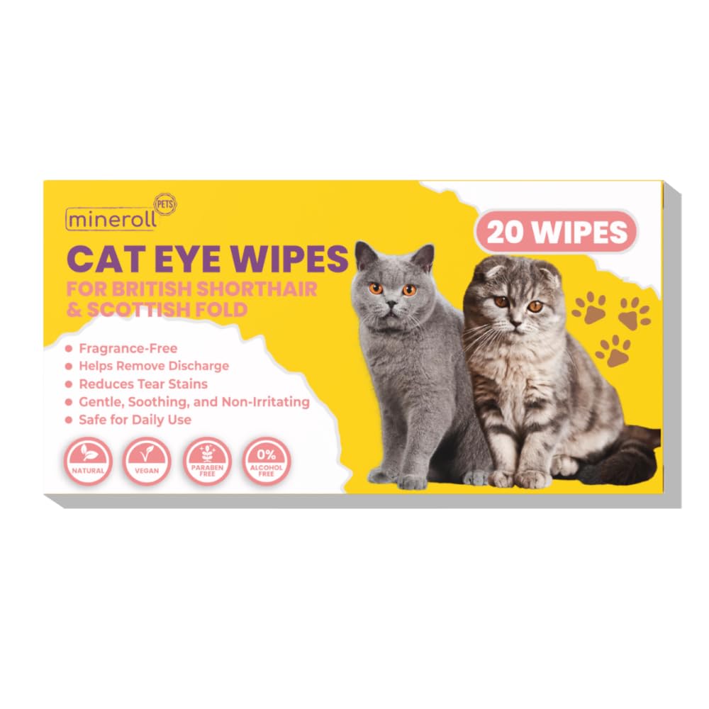 Mineroll British Shorthair ve Scottish Fold Kedi Göz Temizleme Mendilleri - Tek Kullanımlık, Hassas Gözyaşı Lekesi Temizleyici, Parfümsüz, Yumuşak - 20 Adet