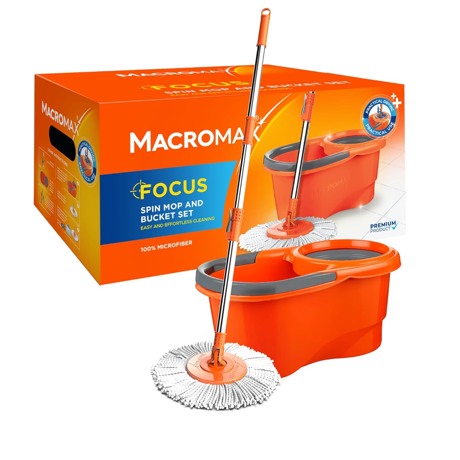 Macromax Focus Otomatik Temizlik Seti, Pedalsız Döner Sıkmalı 360 Başlıklı Mikrofiber Paspas