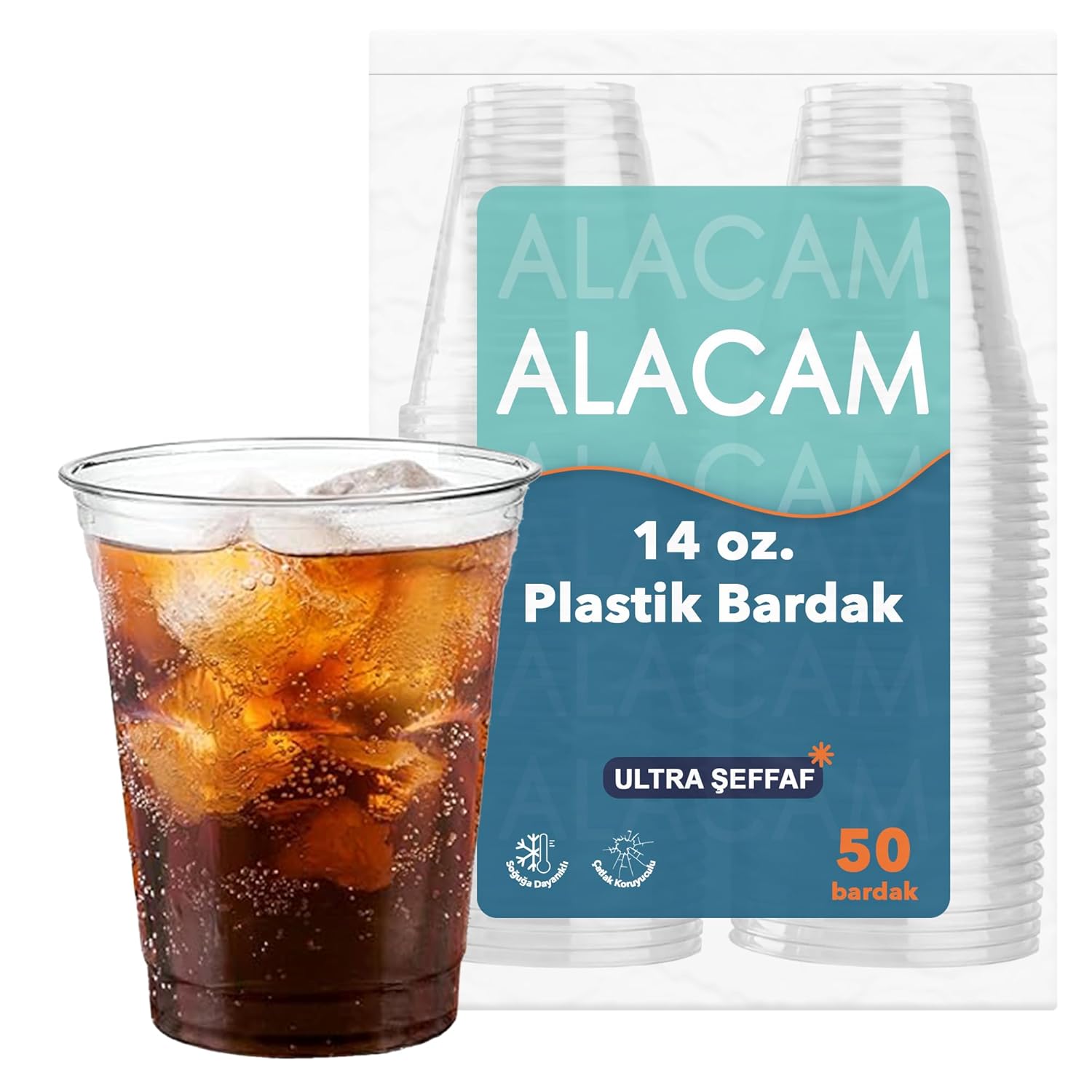 [50 Adet] Alacam Şeffat Tek Kullanımlık Plastik Bardak, Soğuk İçecek, Limonata, Meyve Suyu, Parti Bardağı (14 Oz - 400 ML)