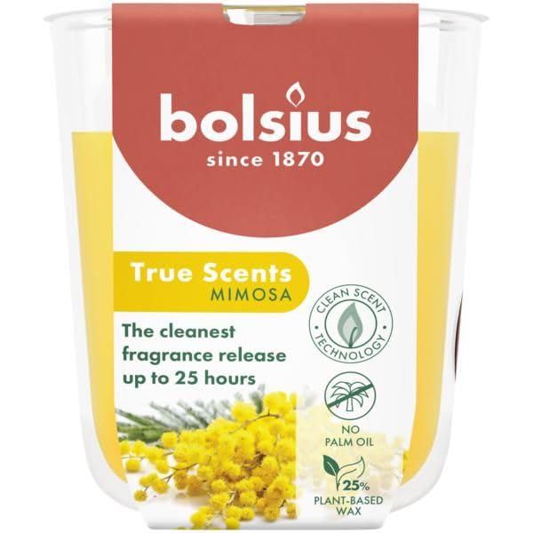 Bolsius Mimosa Kokulu Bardakta Mum - Vegan & Doğal & Saf Koku Özlü -Palmiye Yağı İçermez - 25 Saat Yanma Süresi - Sarı Renkte - 80mm/73mm
