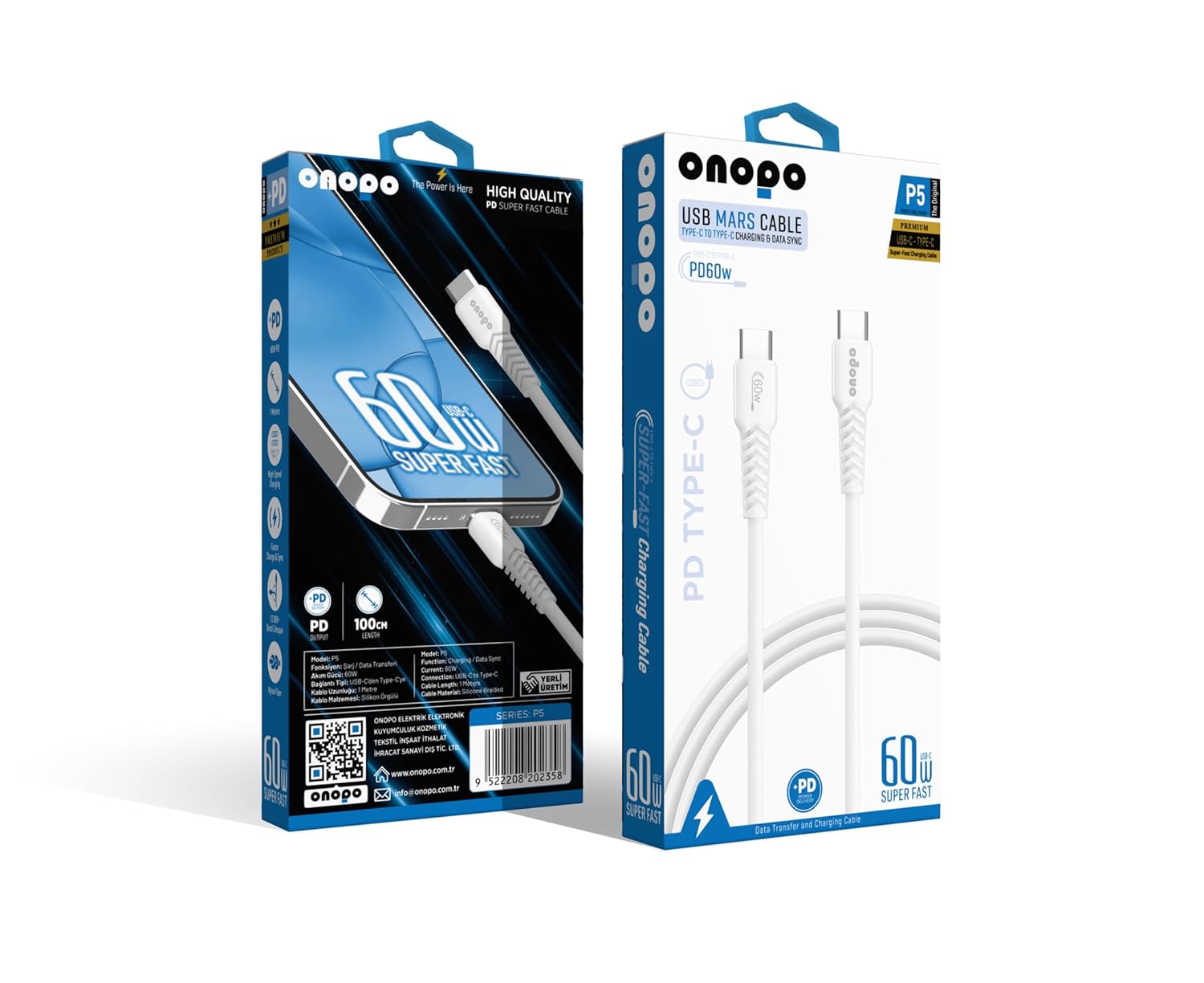 Onopo Android Uyumlu Type-C To Type-C PD 25W Hızlı Şarj ve Data Kablosu 100CM - P5 | 25W Hızlı Şarj | 480Mbps Veri Transferi | 2 Yıl İthalatçı Garantisi