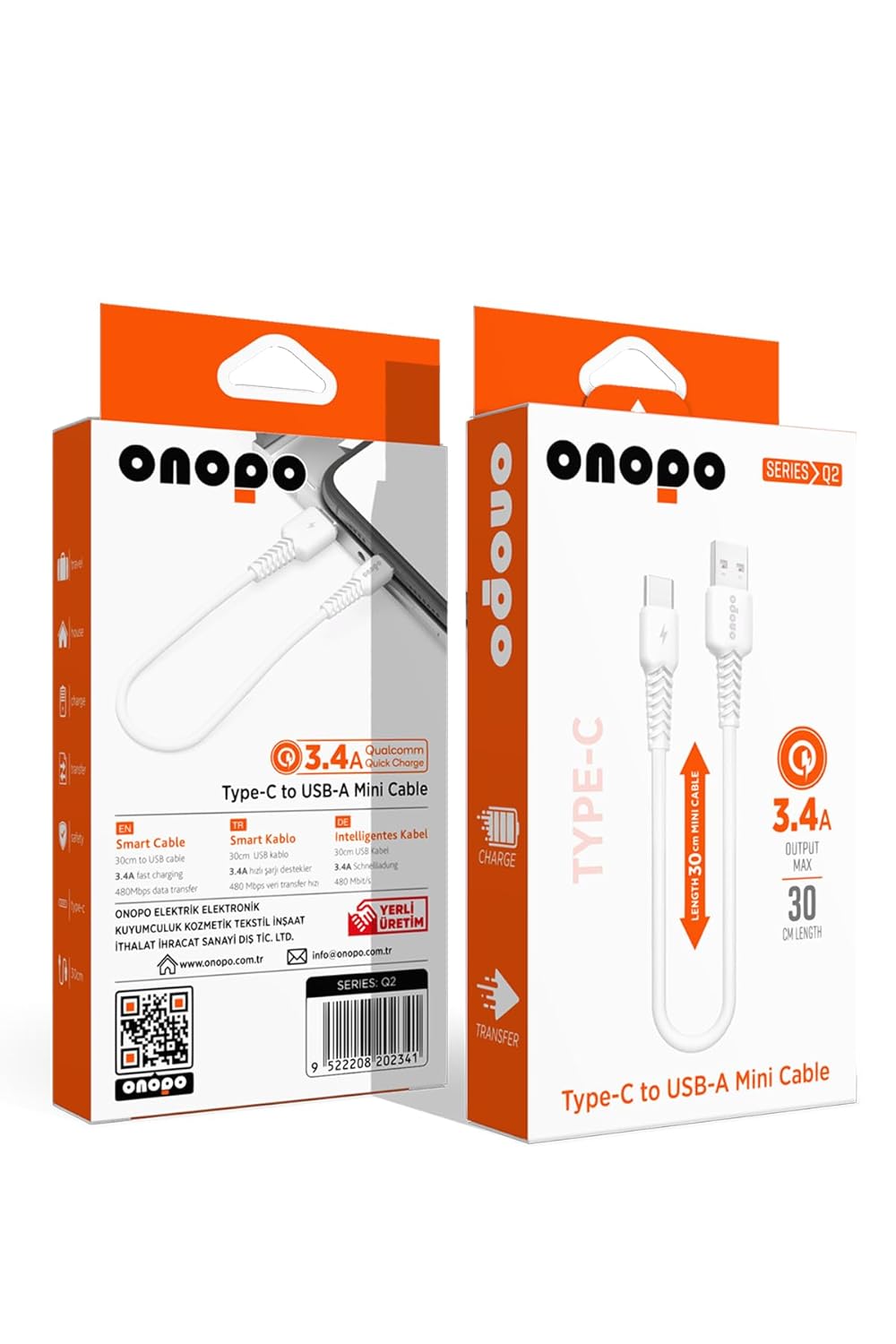Onopo Android Uyumlu Type-C To USB Mini Kablo 3.4A Hızlı Şarj ve Data Kablosu 30cm - Q2 | 3.4A Hızlı Şarj | 480Mbps Veri Transferi | Kompakt Tasarım | 2 Yıl İthalatçı Garantisi
