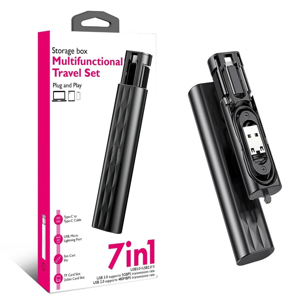Aksesuarcı Aksesaurcı 7 in 1 Çok İşlevli USB C adaptör seti Type-C, Usb, Micro Light-ning Port, Seyahat için USB kablosu Sim kart, Hafıza Kartı saklama kutusu, kameralar ve daha fazlası için
