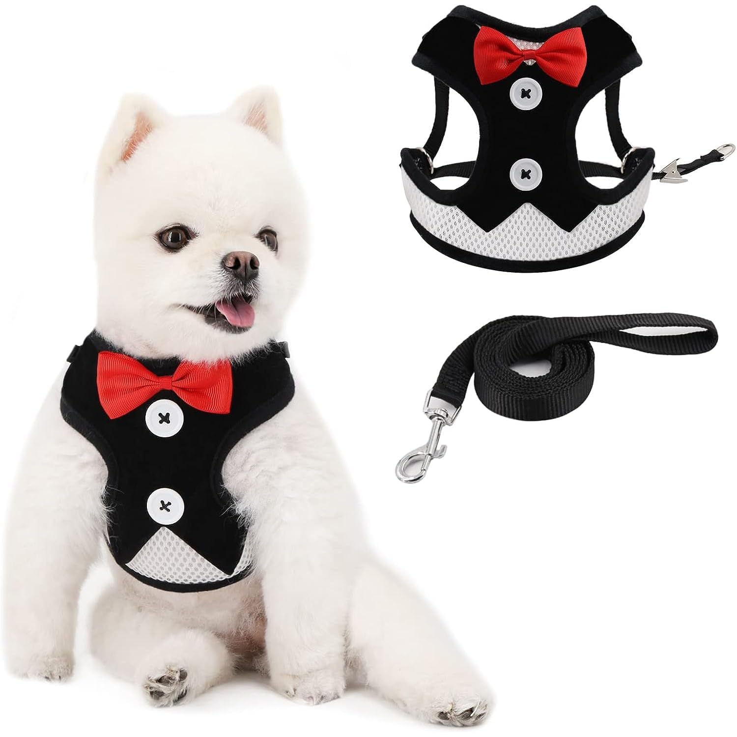 Xspring Köpek Koşum ve Kurşun, Sevimli Köpek Koşum Tasma Seti, Küçük Siyah Tasma Seti, Küçük Orta Yavru Köpekler Chihuahua Yorkies için Fiyonklu Nefes Ayarlanabilir Pet Yelek Koşum