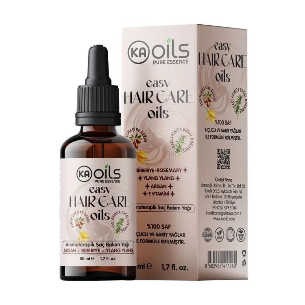 KAOils Easy Hair Care Doğal Saç Bakım Yağı 50 ml | Argan, Biberiye, Çörek Otu, Tatlı Badem, Ylang Ylang & E Vitamini | Saç Dökülmesine Karşı, Yeni Saç Oluşumu, Besleyici