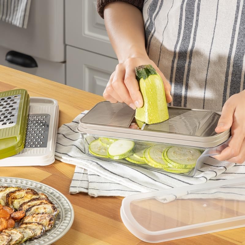 Orret Home 3 Bıçaklı Yatay Rende, Rondo Rondoğrayıcı, Saklama Kabı Hazneli Kapaklı Plastik Rende, Çok Fonksiyonlu Mutfak Aleti, Sebze ve Meyveler için Etkili Doğrama ve Rendeleme