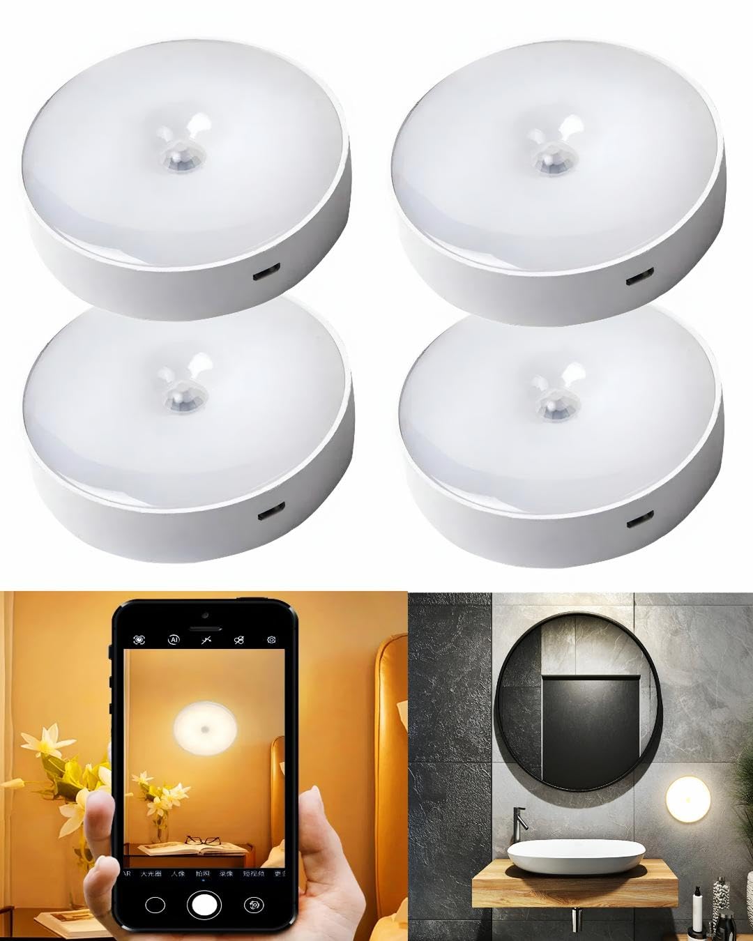 Kyrotech 4 Adet Forlife Şarjlı Hareket Sensörlü Otomatik 8 Led Aydınlatma Işık Mıknatıslı, Banyo, Dolap, Merdiven, Gece Lambası, Mutfak, Balkon Dekorasyonu, Amber 4000K Günışığı Delme Gerektirmez (4)