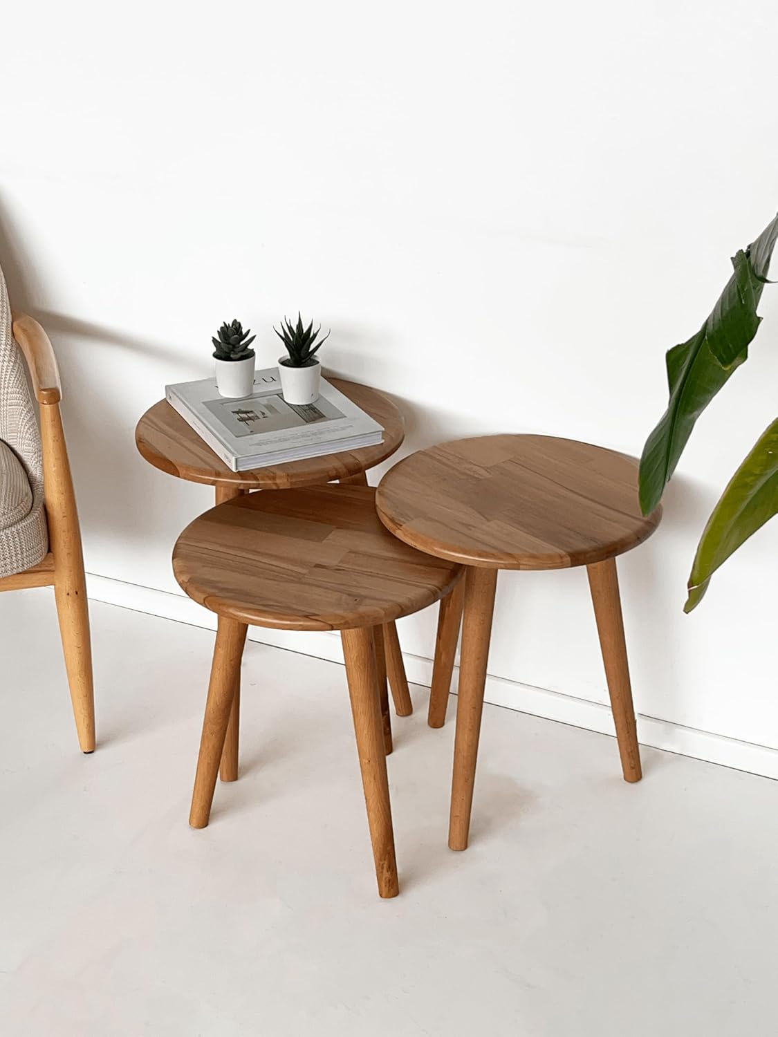 ''Doğal Masif Ahşap Yörünge Sehpa Seti - 3'lü Zigon Yuvarlak Modern Takım (Yan, Dekoratif Sehpa)'' (Kayın)