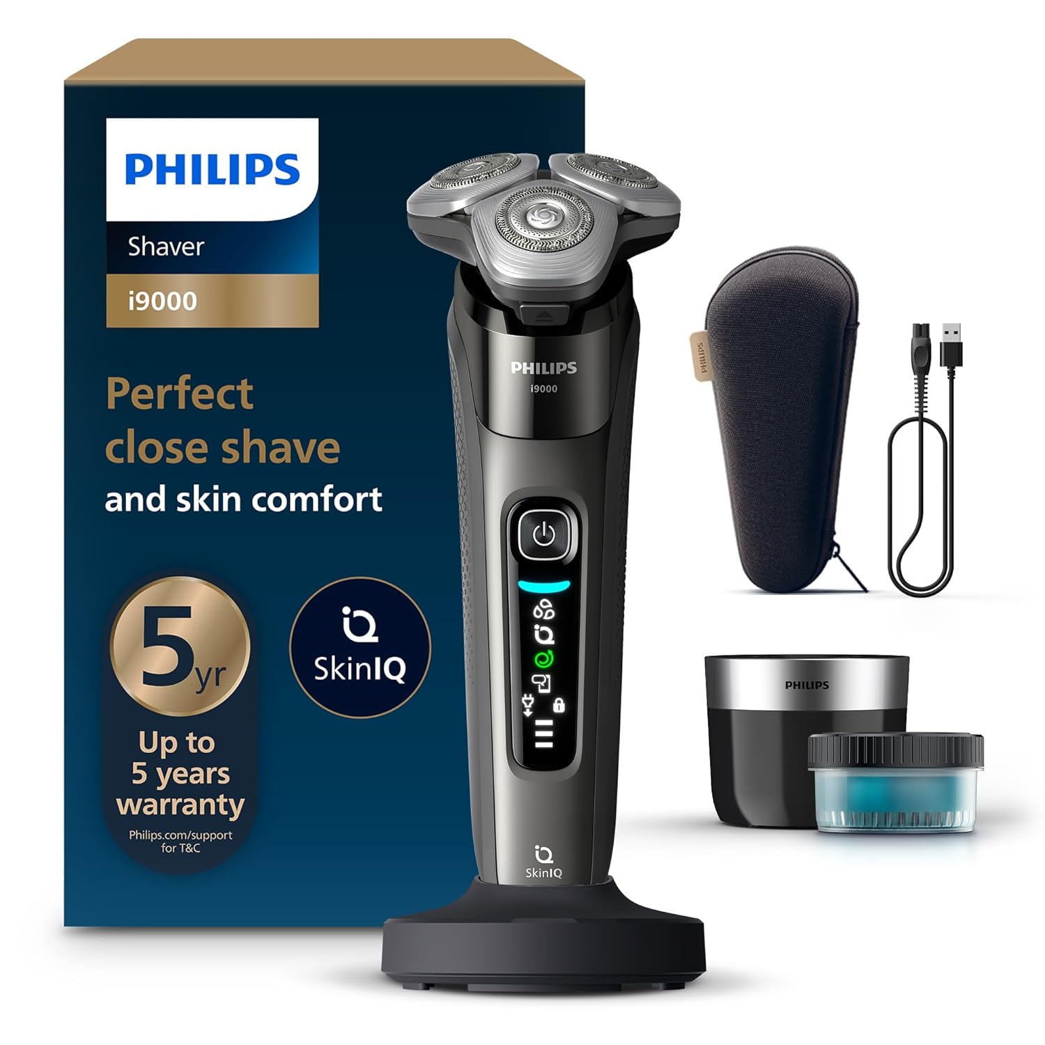 Philips i9000 SkinIQ Islak ve Kuru Tıraş Makinesi, 360° Hassas Başlıklar, Yapay Zeka Destekli, Temizleme Ünitesi ve Seyahat Çantası Hediyeli, X9002/30