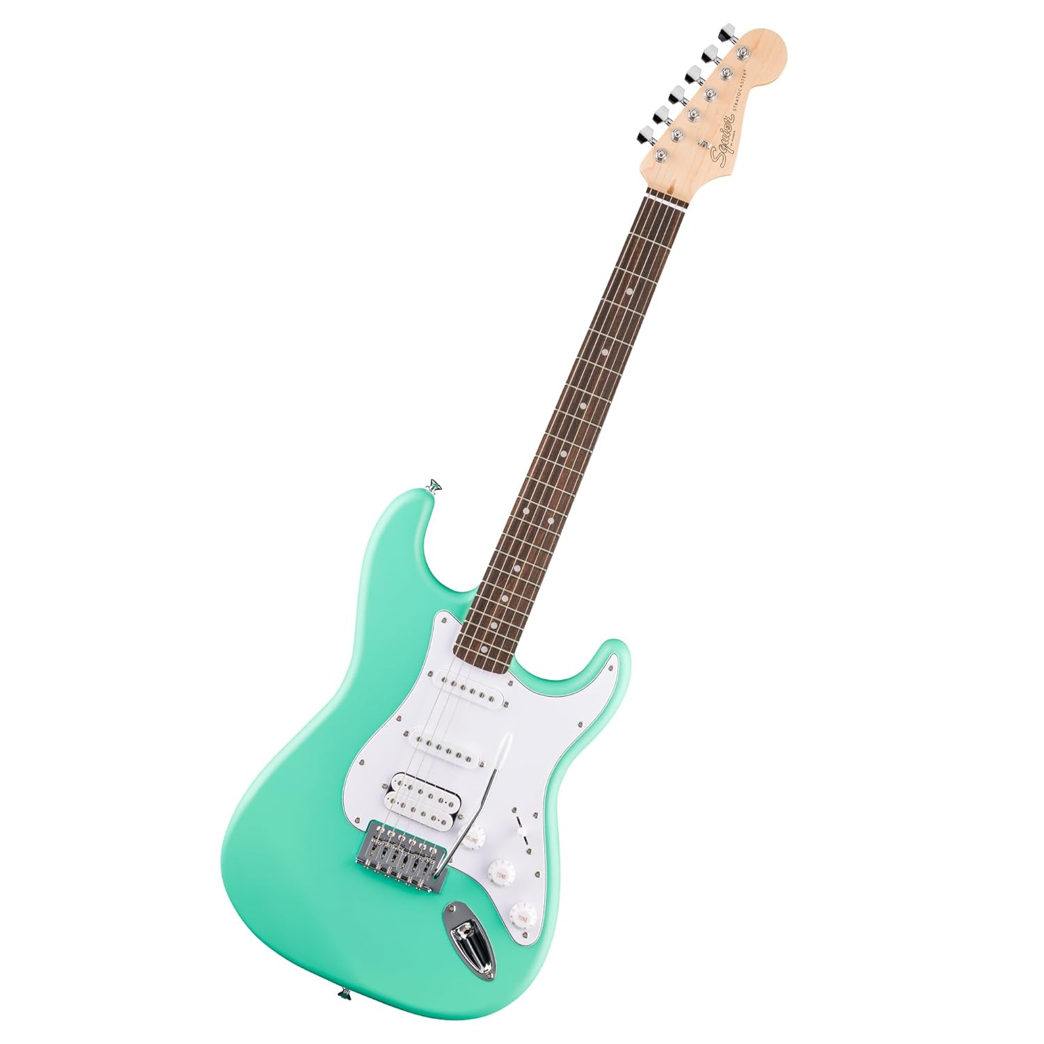 Squier by Fender Debut Collection HSS Stratocaster elektro gitar, Laurel klavye, beyaz vuruş tahtası, deniz köpüğü yeşili
