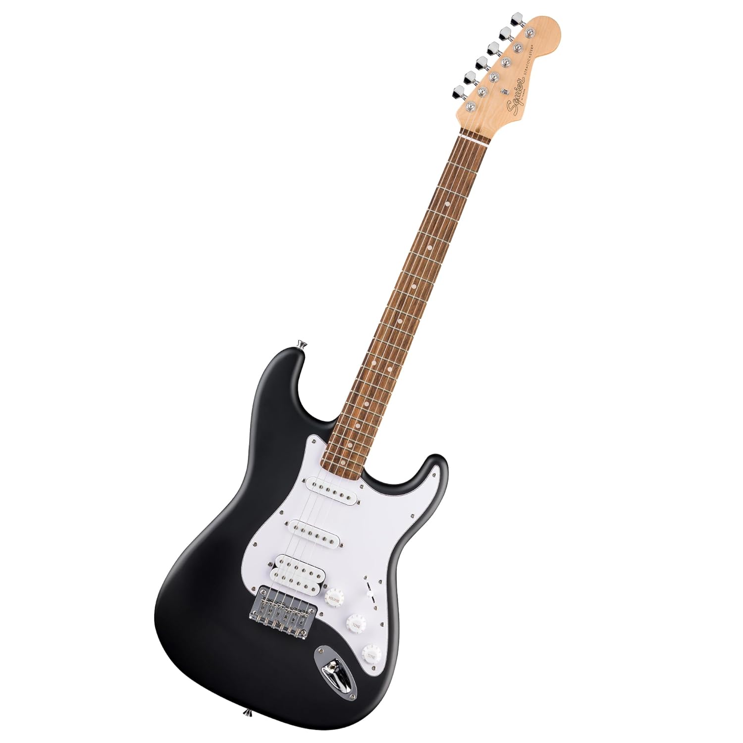 Squier by Fender Debut Collection HT HSS Stratocaster elektro gitar, Laurel klavye, beyaz vuruş tahtası, siyah