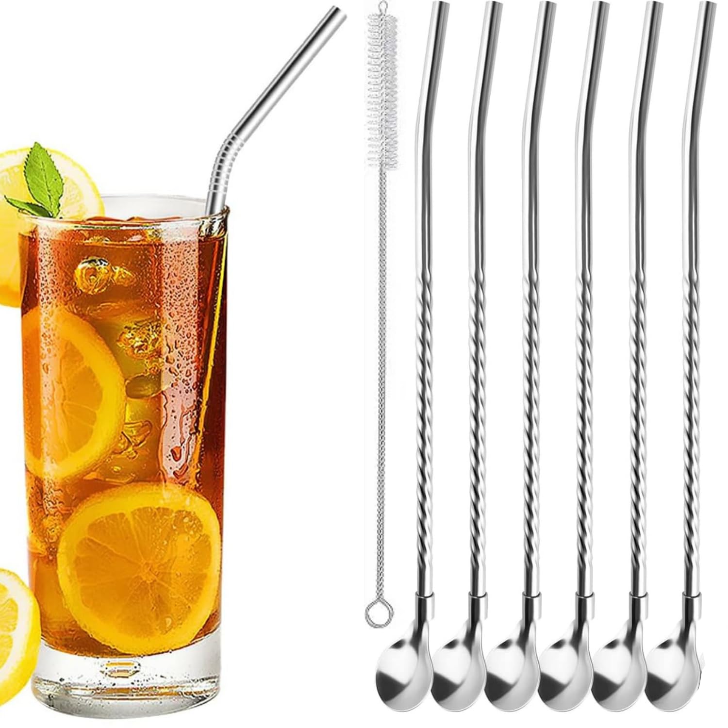 AEE® 7'li Paslanmaz Çelik Kaşıklı Metal Pipet Seti 6 Adet Pipet ve Pipet Temizleme Fırçası Cam Pipet