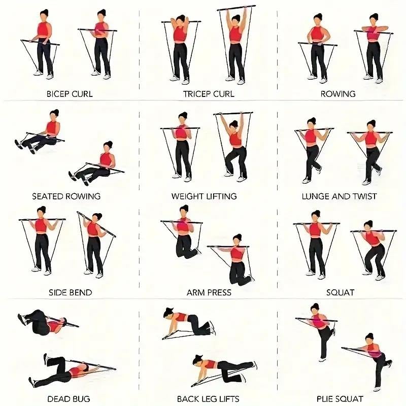 Valkyrie 4 Lastikli 1. Kalite Pilates Bar Egzersiz Çubuğu Ayarlanabilir Zorluk Evde Spor Squat Kademeli Çantalı Kolay Kurulum