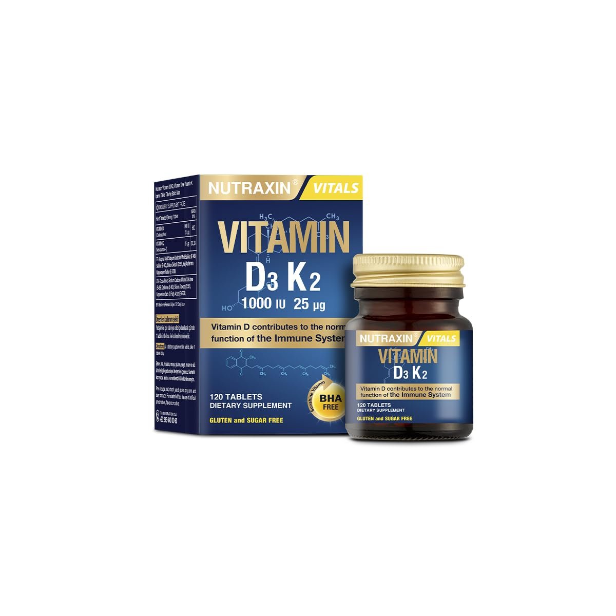 Nutraxin D3K2 120 Tablet - 1000 Iu D3 Vitamini, 25 Mcg K2 Vitamini