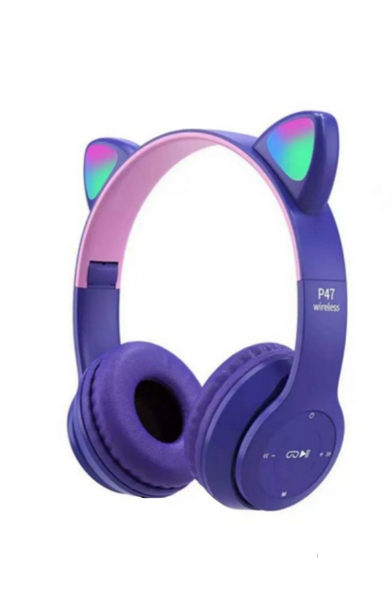 Teknosepetim Kablosuz Bluetooth Kulaküstü Rgb Işıklı Lila Kedi Desenli Kulaklık