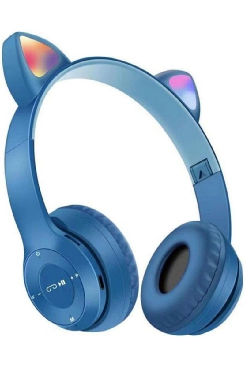 Teknosepetim Sevimli Bluetooth Kulaklık Kablosuz Kulaklık Kedi Kulaklık Cat Kulaklık Mavi