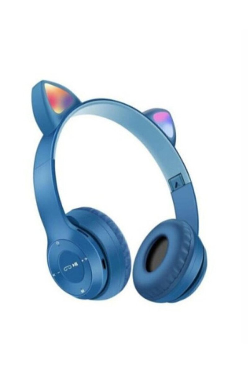 Teknosepetim Kablosuz Bluetooth Kulaküstü Kedili P47M Kulaklık Rgb Işıklı Kedi Desenli Kulaklık, Lacivert