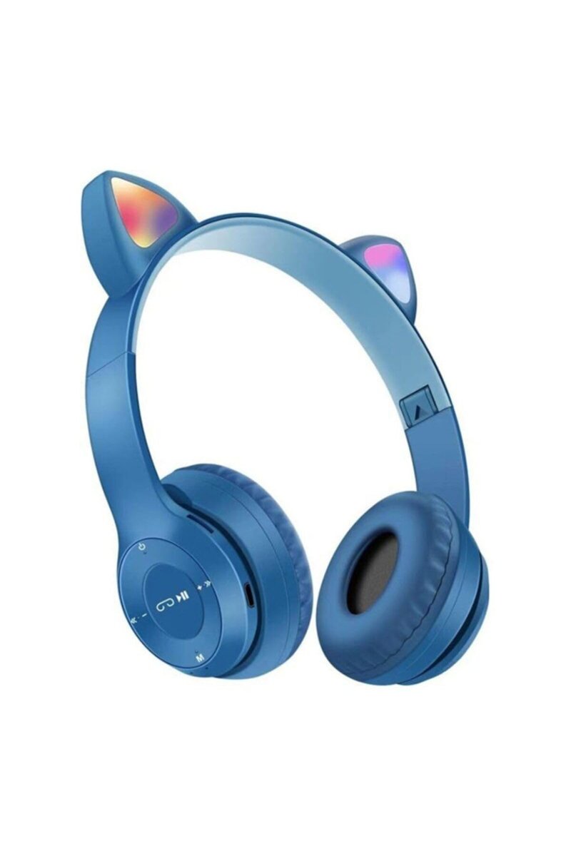 Teknosepetim P47M Kedili Katlanabilir Kulak Üstü Kablosuz Bluetooth 5.0 Kulaklık Ledli Çocuk Kız Mavi